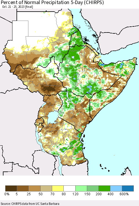 Eastern Africa Percent of Normal Precipitation 5-Day (CHIRPS) Thematic Map For 10/21/2023 - 10/25/2023