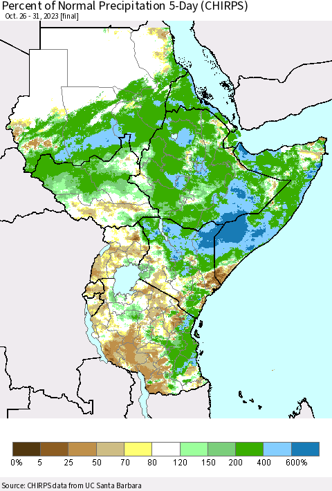 Eastern Africa Percent of Normal Precipitation 5-Day (CHIRPS) Thematic Map For 10/26/2023 - 10/31/2023