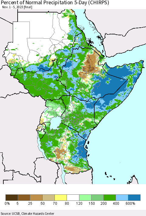 Eastern Africa Percent of Normal Precipitation 5-Day (CHIRPS) Thematic Map For 11/1/2023 - 11/5/2023