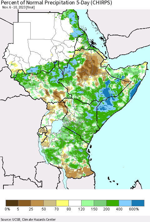 Eastern Africa Percent of Normal Precipitation 5-Day (CHIRPS) Thematic Map For 11/6/2023 - 11/10/2023