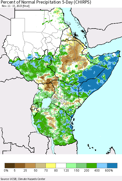 Eastern Africa Percent of Normal Precipitation 5-Day (CHIRPS) Thematic Map For 11/11/2023 - 11/15/2023