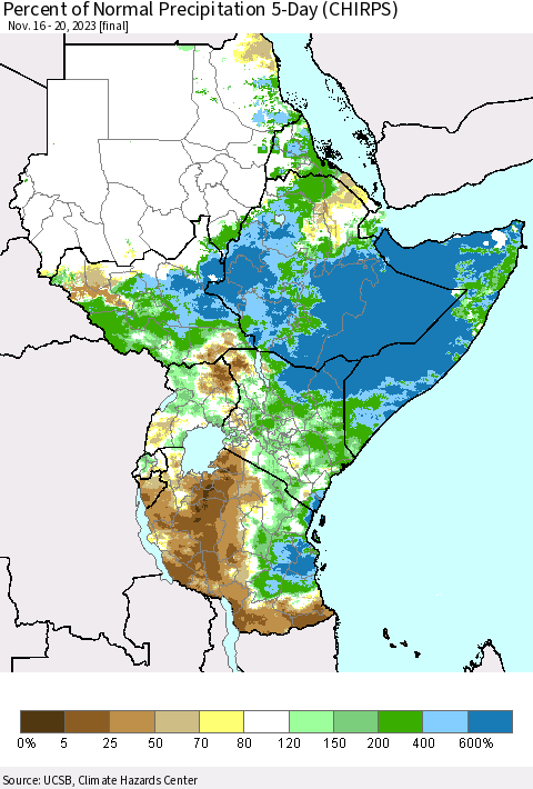 Eastern Africa Percent of Normal Precipitation 5-Day (CHIRPS) Thematic Map For 11/16/2023 - 11/20/2023