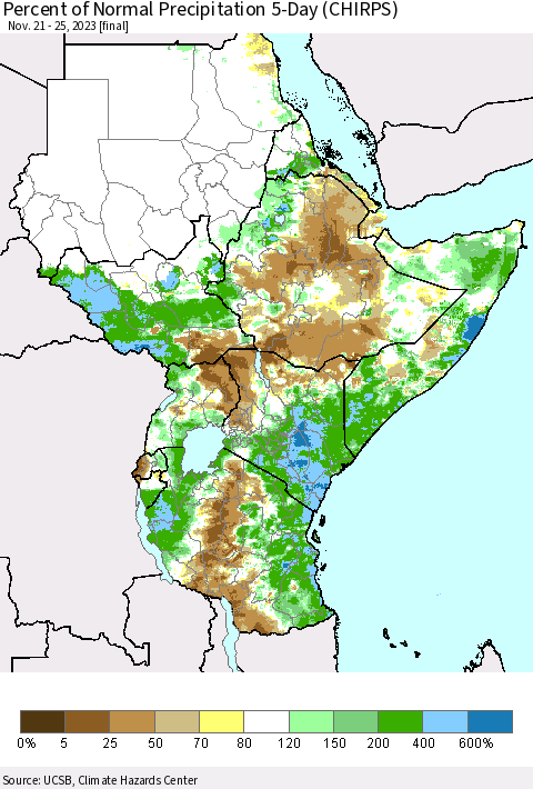 Eastern Africa Percent of Normal Precipitation 5-Day (CHIRPS) Thematic Map For 11/21/2023 - 11/25/2023