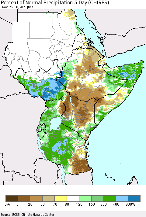 Eastern Africa Percent of Normal Precipitation 5-Day (CHIRPS) Thematic Map For 11/26/2023 - 11/30/2023