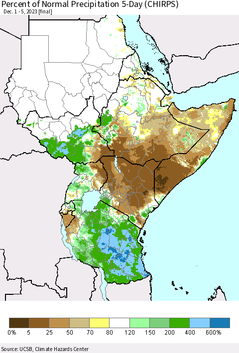 Eastern Africa Percent of Normal Precipitation 5-Day (CHIRPS) Thematic Map For 12/1/2023 - 12/5/2023