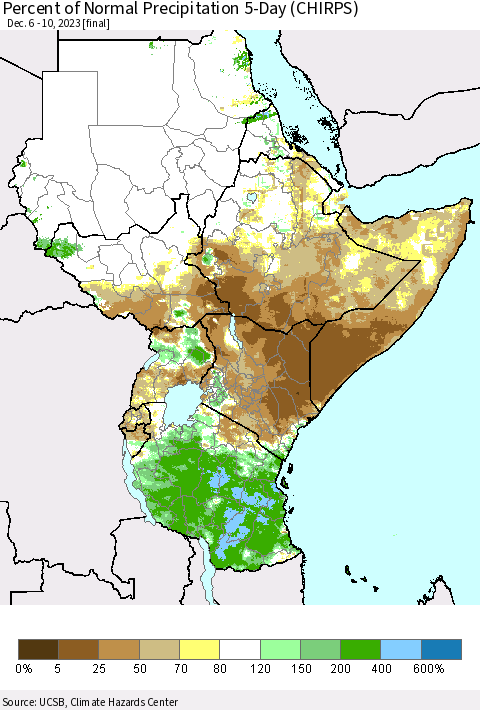 Eastern Africa Percent of Normal Precipitation 5-Day (CHIRPS) Thematic Map For 12/6/2023 - 12/10/2023