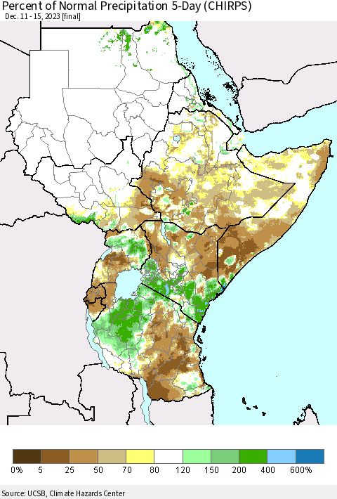 Eastern Africa Percent of Normal Precipitation 5-Day (CHIRPS) Thematic Map For 12/11/2023 - 12/15/2023