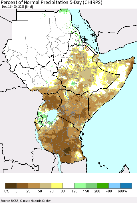 Eastern Africa Percent of Normal Precipitation 5-Day (CHIRPS) Thematic Map For 12/16/2023 - 12/20/2023