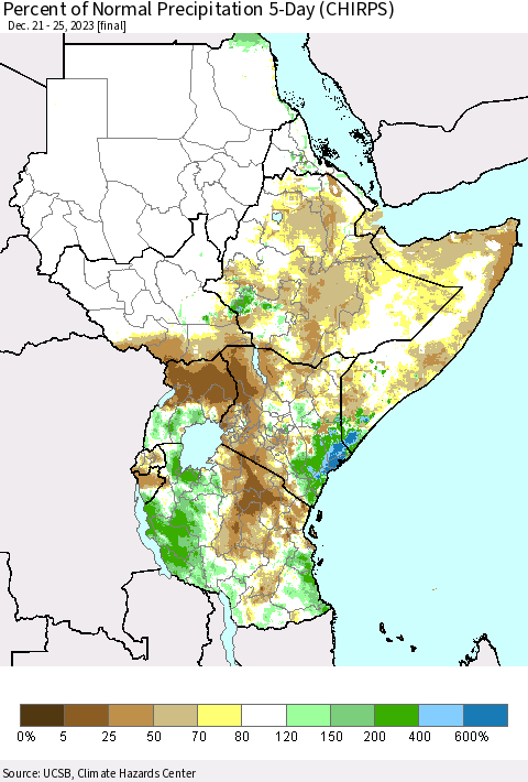 Eastern Africa Percent of Normal Precipitation 5-Day (CHIRPS) Thematic Map For 12/21/2023 - 12/25/2023