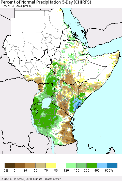 Eastern Africa Percent of Normal Precipitation 5-Day (CHIRPS) Thematic Map For 12/26/2023 - 12/31/2023