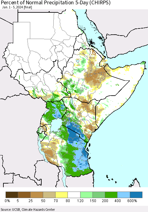 Eastern Africa Percent of Normal Precipitation 5-Day (CHIRPS) Thematic Map For 1/1/2024 - 1/5/2024