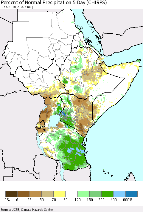 Eastern Africa Percent of Normal Precipitation 5-Day (CHIRPS) Thematic Map For 1/6/2024 - 1/10/2024