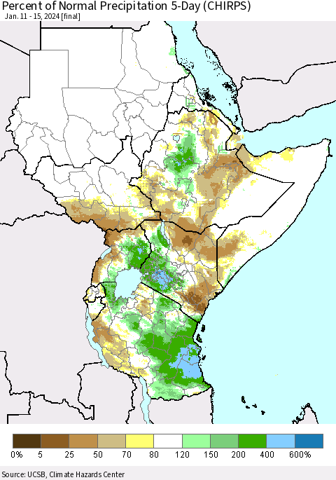 Eastern Africa Percent of Normal Precipitation 5-Day (CHIRPS) Thematic Map For 1/11/2024 - 1/15/2024