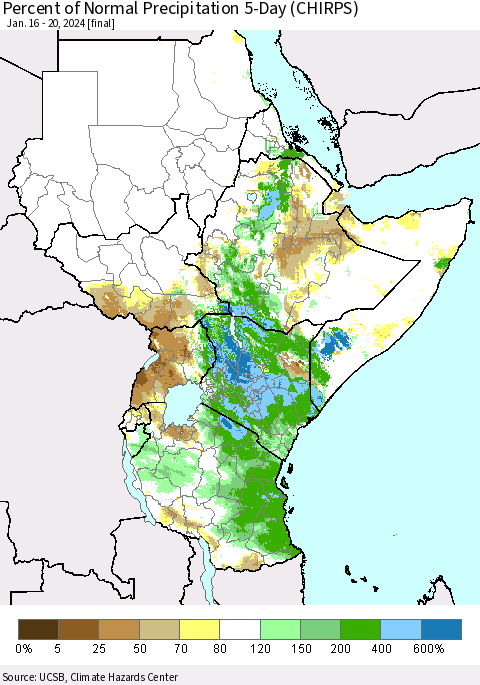 Eastern Africa Percent of Normal Precipitation 5-Day (CHIRPS) Thematic Map For 1/16/2024 - 1/20/2024