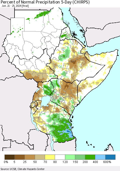 Eastern Africa Percent of Normal Precipitation 5-Day (CHIRPS) Thematic Map For 1/21/2024 - 1/25/2024
