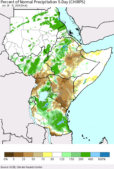 Eastern Africa Percent of Normal Precipitation 5-Day (CHIRPS) Thematic Map For 1/26/2024 - 1/31/2024