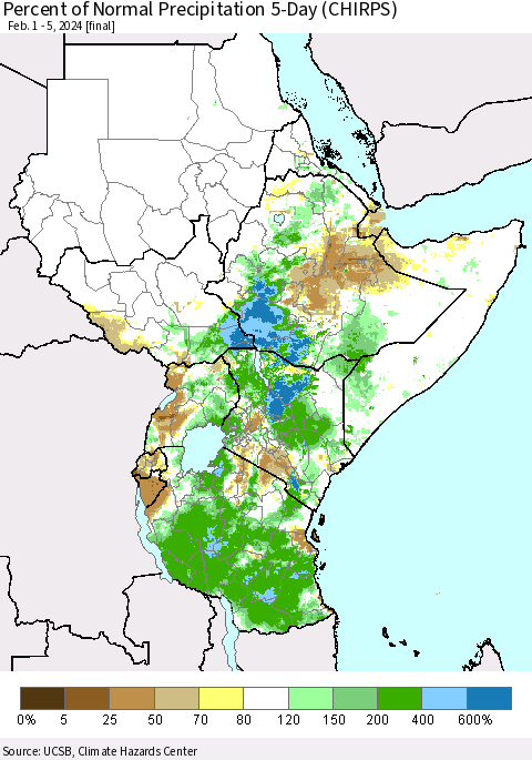 Eastern Africa Percent of Normal Precipitation 5-Day (CHIRPS) Thematic Map For 2/1/2024 - 2/5/2024