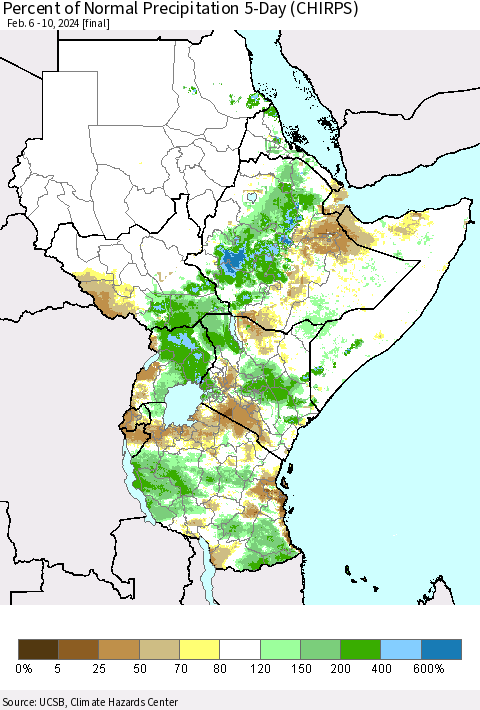 Eastern Africa Percent of Normal Precipitation 5-Day (CHIRPS) Thematic Map For 2/6/2024 - 2/10/2024