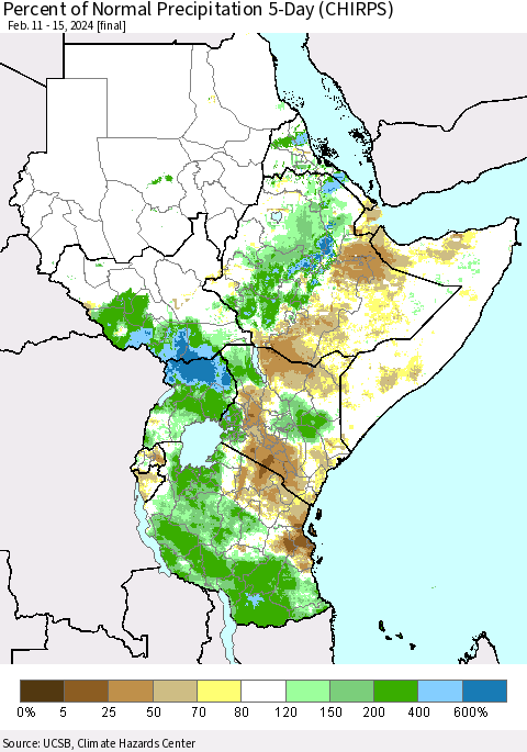 Eastern Africa Percent of Normal Precipitation 5-Day (CHIRPS) Thematic Map For 2/11/2024 - 2/15/2024