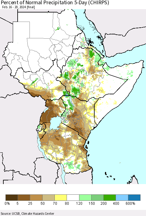Eastern Africa Percent of Normal Precipitation 5-Day (CHIRPS) Thematic Map For 2/16/2024 - 2/20/2024