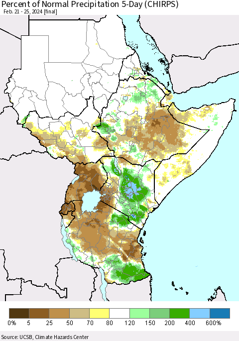 Eastern Africa Percent of Normal Precipitation 5-Day (CHIRPS) Thematic Map For 2/21/2024 - 2/25/2024