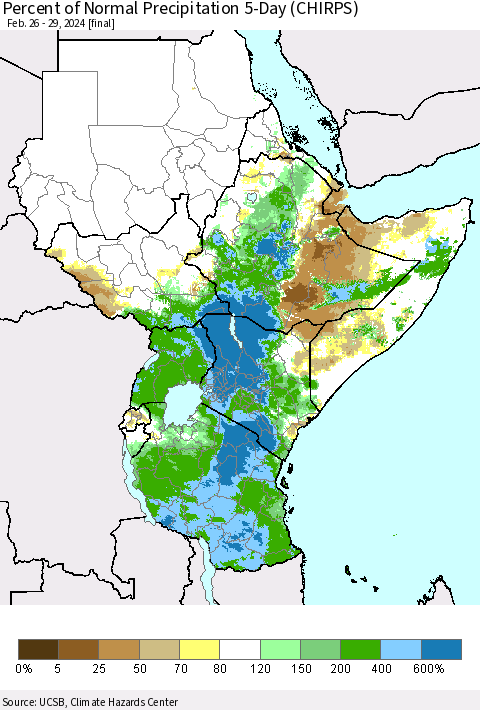 Eastern Africa Percent of Normal Precipitation 5-Day (CHIRPS) Thematic Map For 2/26/2024 - 2/29/2024