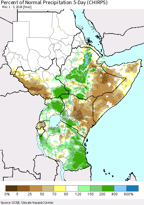 Eastern Africa Percent of Normal Precipitation 5-Day (CHIRPS) Thematic Map For 3/1/2024 - 3/5/2024