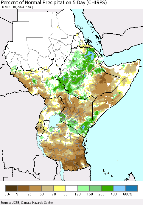 Eastern Africa Percent of Normal Precipitation 5-Day (CHIRPS) Thematic Map For 3/6/2024 - 3/10/2024