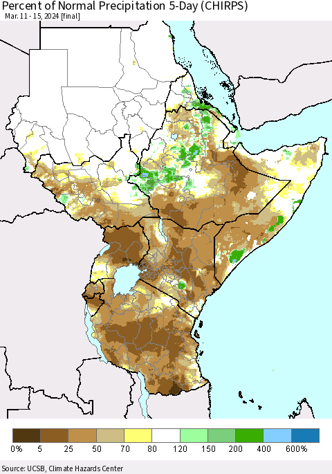 Eastern Africa Percent of Normal Precipitation 5-Day (CHIRPS) Thematic Map For 3/11/2024 - 3/15/2024