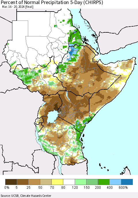 Eastern Africa Percent of Normal Precipitation 5-Day (CHIRPS) Thematic Map For 3/16/2024 - 3/20/2024