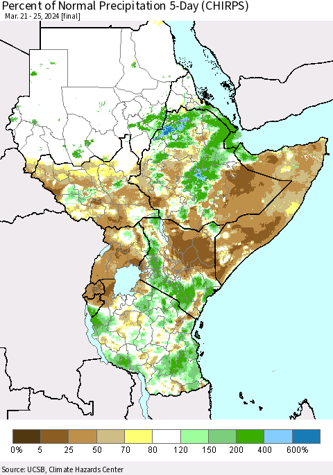 Eastern Africa Percent of Normal Precipitation 5-Day (CHIRPS) Thematic Map For 3/21/2024 - 3/25/2024