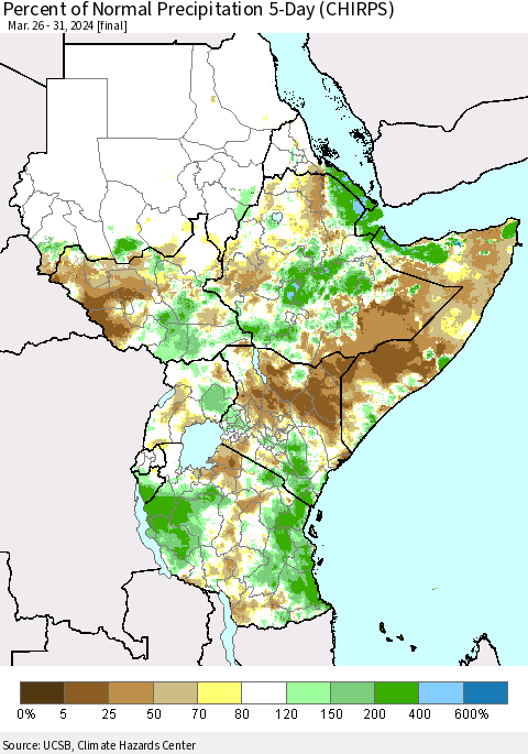 Eastern Africa Percent of Normal Precipitation 5-Day (CHIRPS) Thematic Map For 3/26/2024 - 3/31/2024