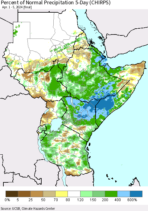 Eastern Africa Percent of Normal Precipitation 5-Day (CHIRPS) Thematic Map For 4/1/2024 - 4/5/2024