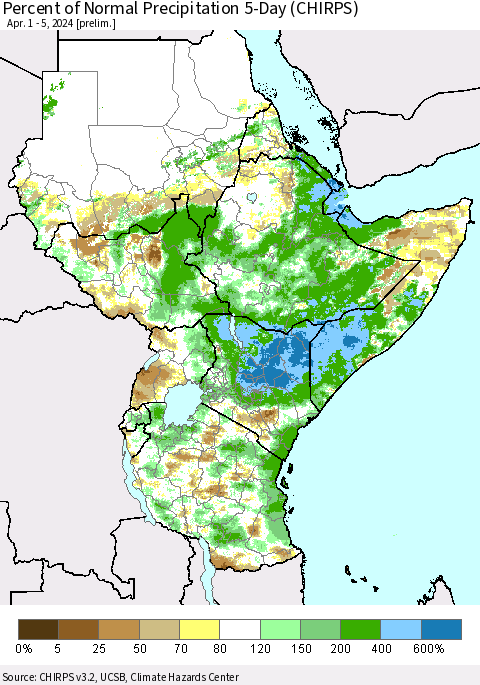 Eastern Africa Percent of Normal Precipitation 5-Day (CHIRPS) Thematic Map For 4/1/2024 - 4/5/2024