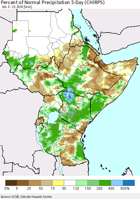 Eastern Africa Percent of Normal Precipitation 5-Day (CHIRPS) Thematic Map For 4/6/2024 - 4/10/2024