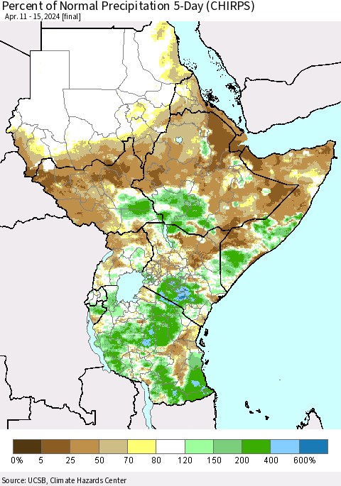 Eastern Africa Percent of Normal Precipitation 5-Day (CHIRPS) Thematic Map For 4/11/2024 - 4/15/2024