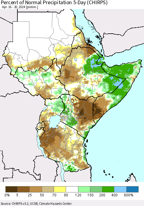 Eastern Africa Percent of Normal Precipitation 5-Day (CHIRPS) Thematic Map For 4/16/2024 - 4/20/2024