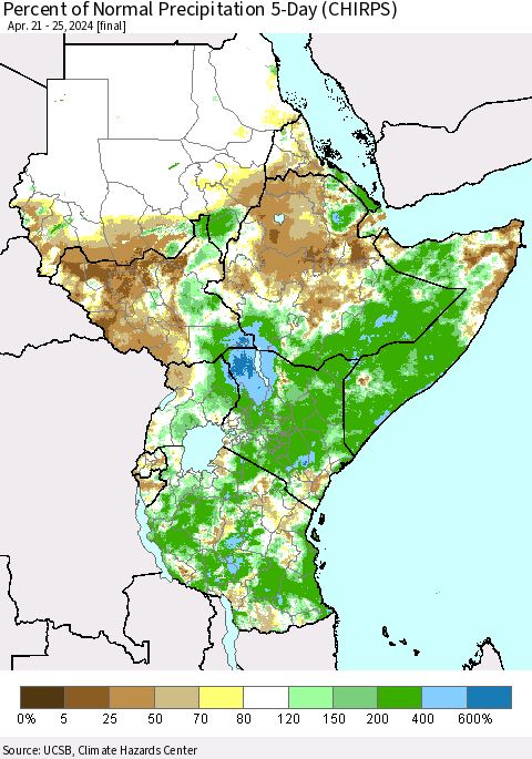 Eastern Africa Percent of Normal Precipitation 5-Day (CHIRPS) Thematic Map For 4/21/2024 - 4/25/2024