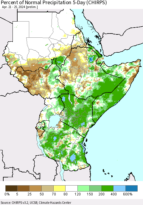 Eastern Africa Percent of Normal Precipitation 5-Day (CHIRPS) Thematic Map For 4/21/2024 - 4/25/2024