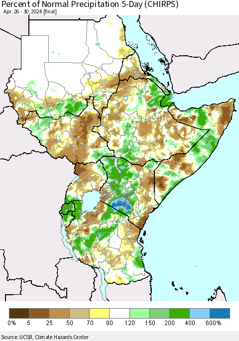 Eastern Africa Percent of Normal Precipitation 5-Day (CHIRPS) Thematic Map For 4/26/2024 - 4/30/2024