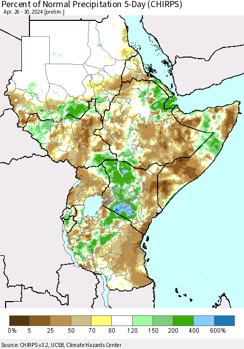 Eastern Africa Percent of Normal Precipitation 5-Day (CHIRPS) Thematic Map For 4/26/2024 - 4/30/2024