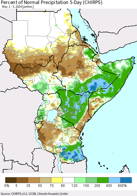 Eastern Africa Percent of Normal Precipitation 5-Day (CHIRPS) Thematic Map For 5/1/2024 - 5/5/2024