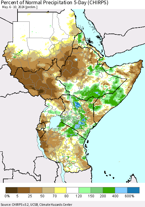 Eastern Africa Percent of Normal Precipitation 5-Day (CHIRPS) Thematic Map For 5/6/2024 - 5/10/2024