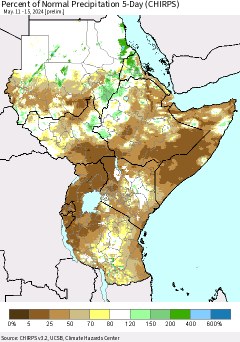 Eastern Africa Percent of Normal Precipitation 5-Day (CHIRPS) Thematic Map For 5/11/2024 - 5/15/2024