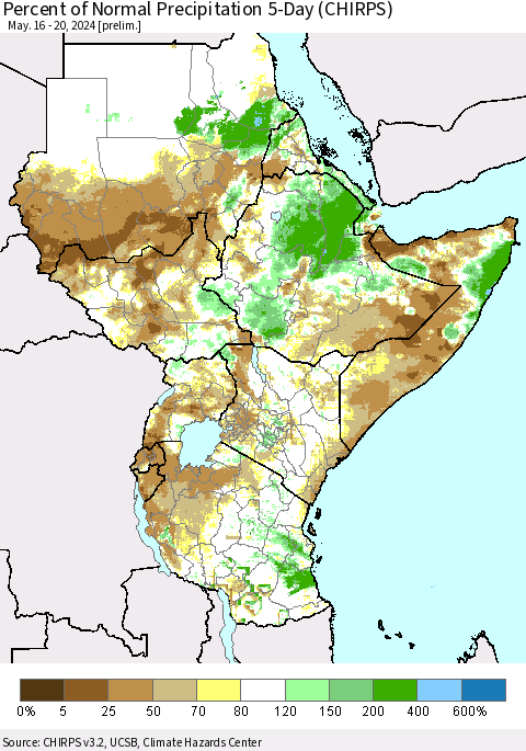 Eastern Africa Percent of Normal Precipitation 5-Day (CHIRPS) Thematic Map For 5/16/2024 - 5/20/2024