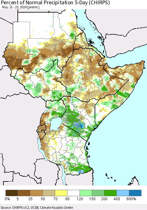 Eastern Africa Percent of Normal Precipitation 5-Day (CHIRPS) Thematic Map For 5/21/2024 - 5/25/2024