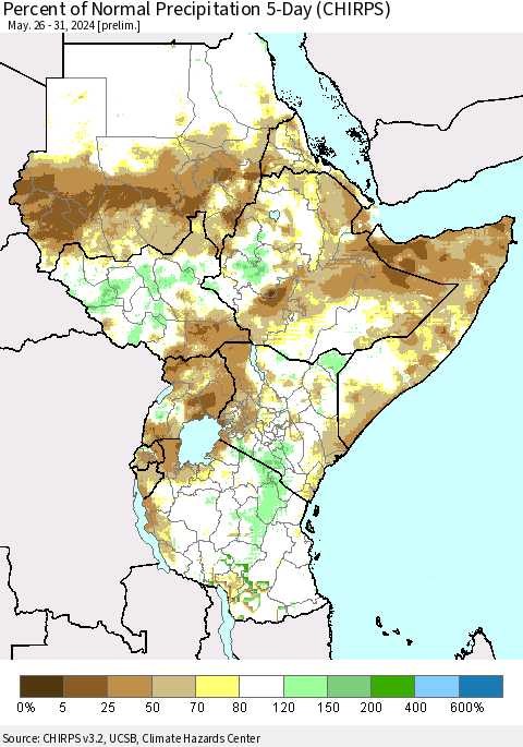 Eastern Africa Percent of Normal Precipitation 5-Day (CHIRPS) Thematic Map For 5/26/2024 - 5/31/2024