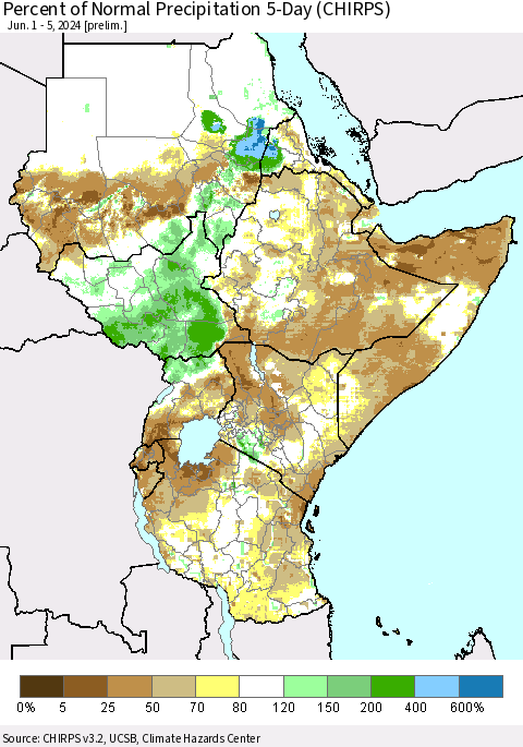 Eastern Africa Percent of Normal Precipitation 5-Day (CHIRPS) Thematic Map For 6/1/2024 - 6/5/2024
