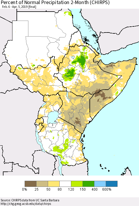 Eastern Africa Percent of Normal Precipitation 2-Month (CHIRPS) Thematic Map For 2/6/2019 - 4/5/2019