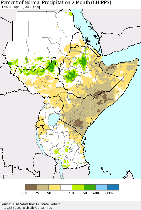 Eastern Africa Percent of Normal Precipitation 2-Month (CHIRPS) Thematic Map For 2/11/2019 - 4/10/2019